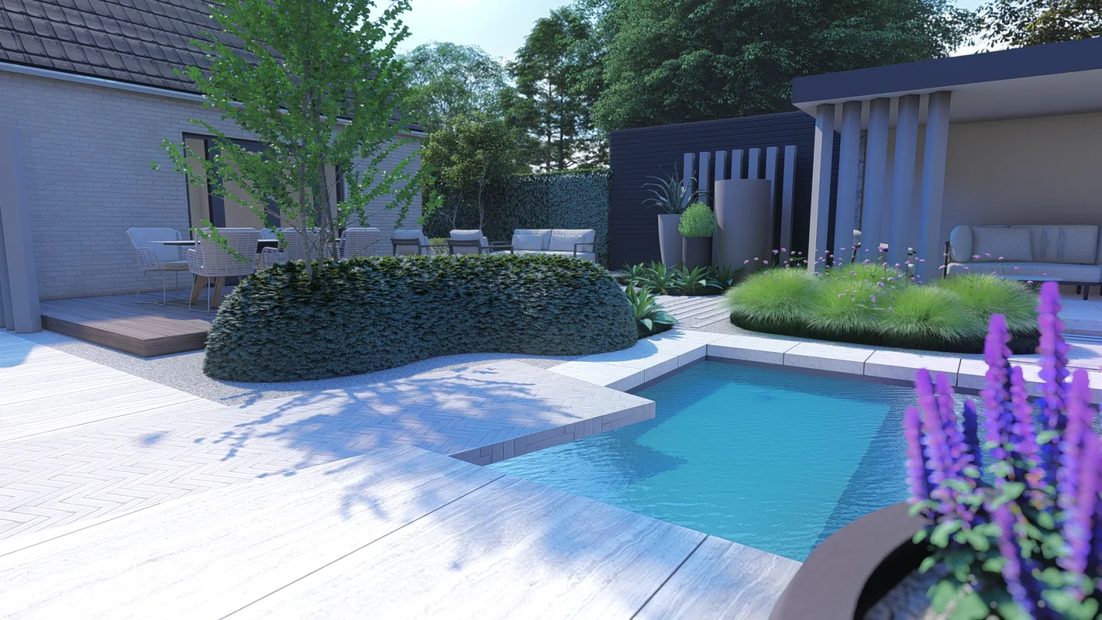 Strak vormgegeven tuin met terras en borders, ontworpen voor een woning in Amsterdam